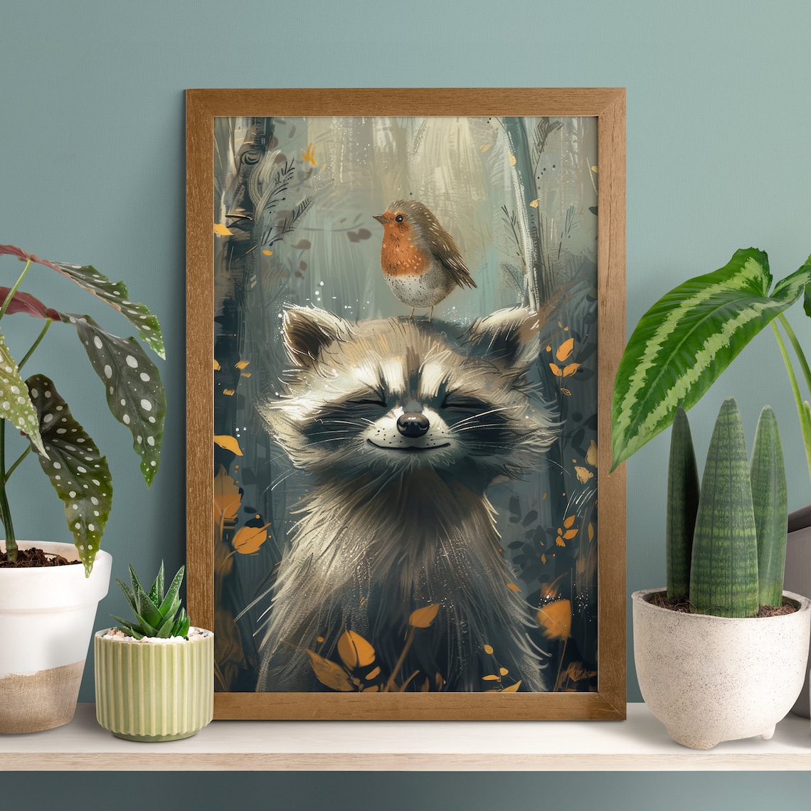 Joyful Raccoon and Bird Poster, Funny Wildlife Art