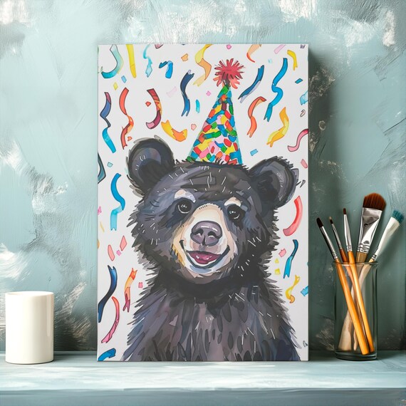 Smiling Black Bear Cub Wearing Party Hat With Confetti Birthday Celebration Poster