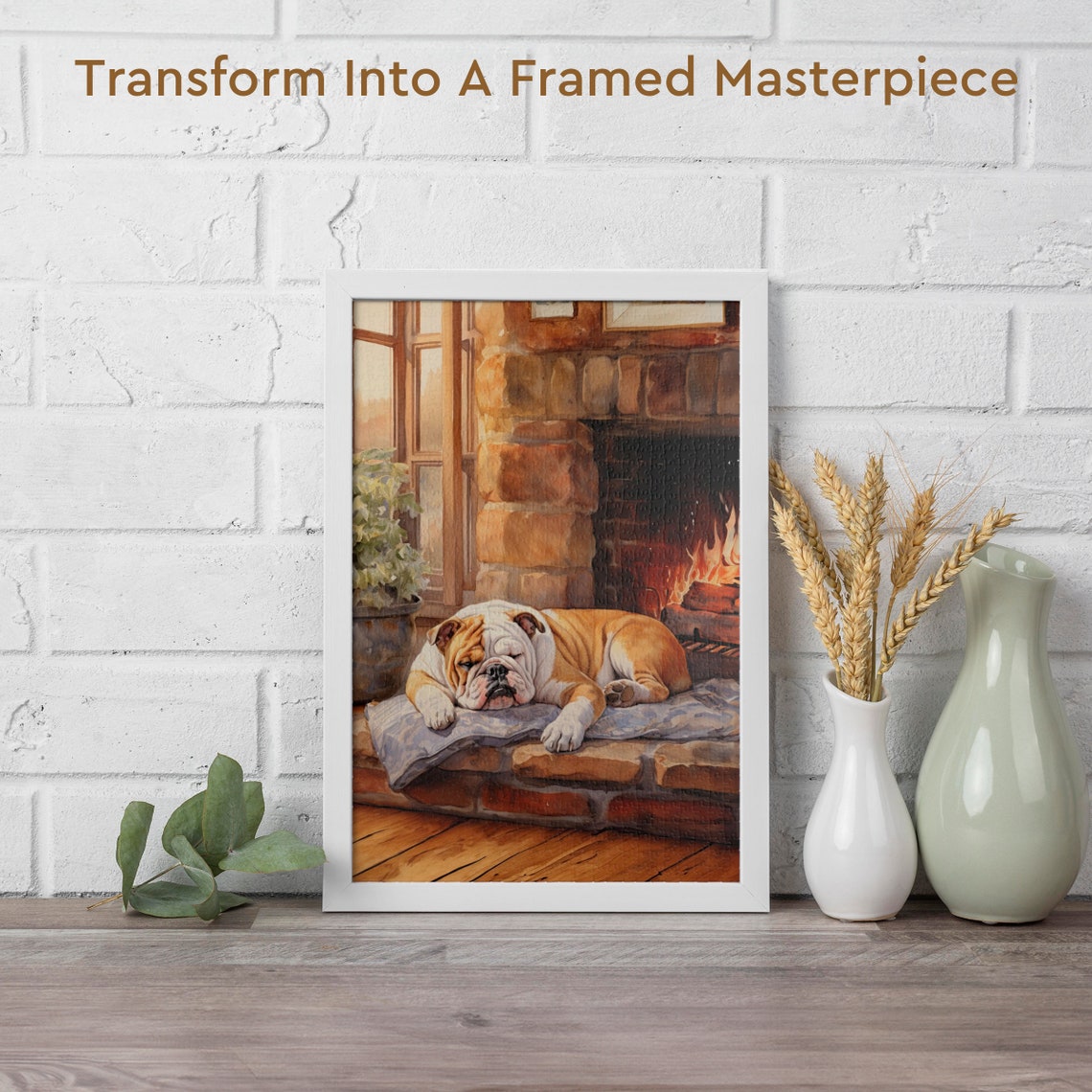 Sleepy English Bulldog Resting by a Warm Brick Fireplace Poster - Image 2