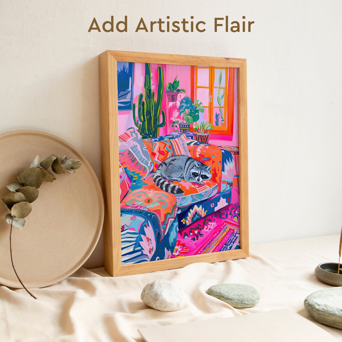 Sleepy Raccoon on Colorful Sofa Fauvist Style Funny Pet Wall Art - Image 2