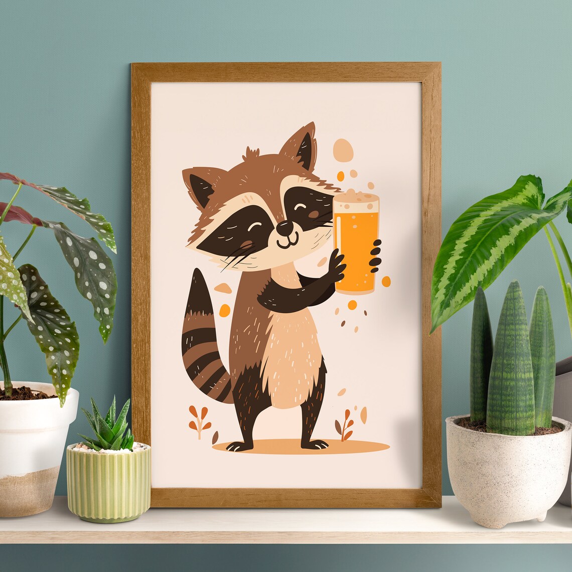Happy Cartoon Raccoon Holding a Cold Beer Mug Cheerful Poster