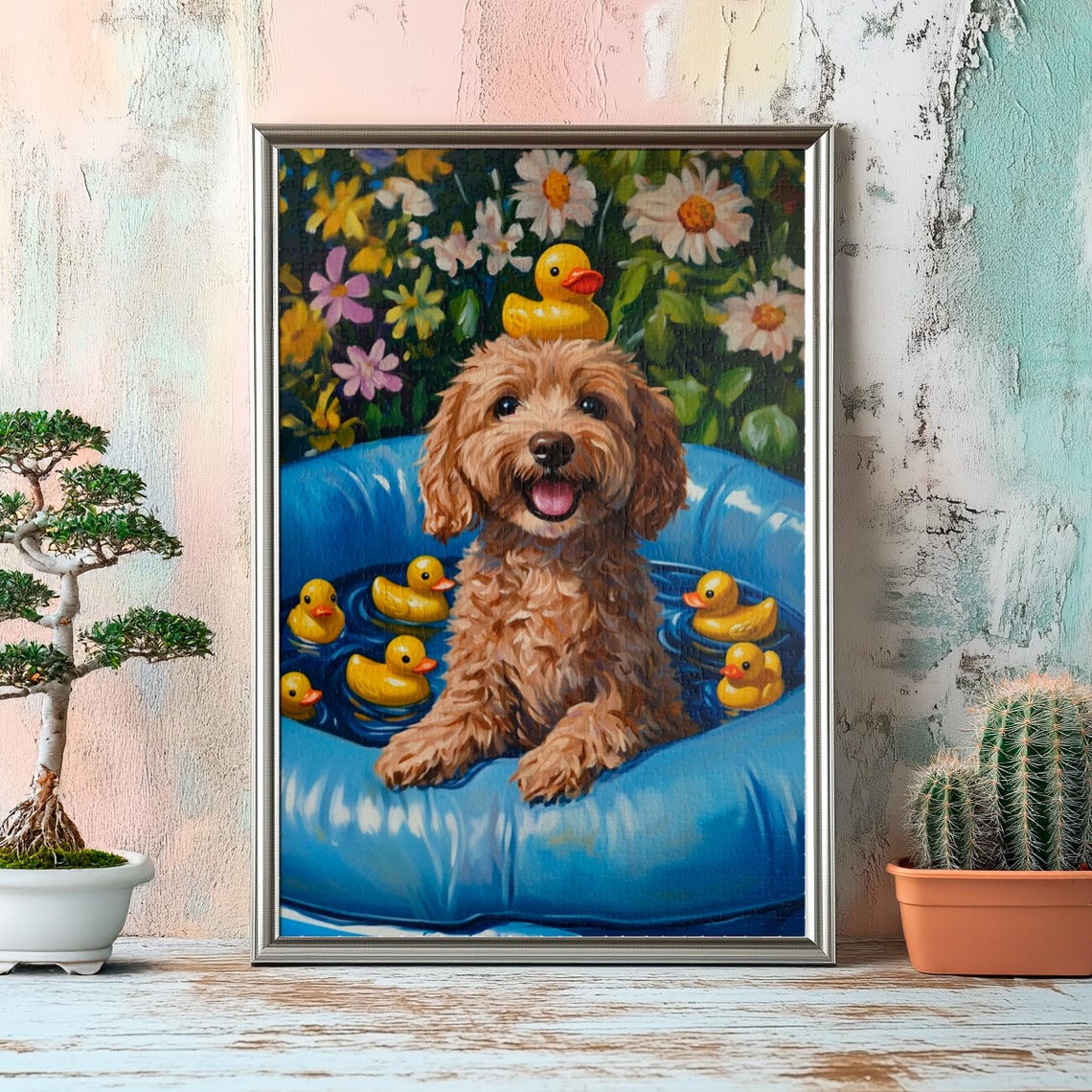 Labradoodle Puppy Splashing in a Pool With Rubber Ducks Summer Poster