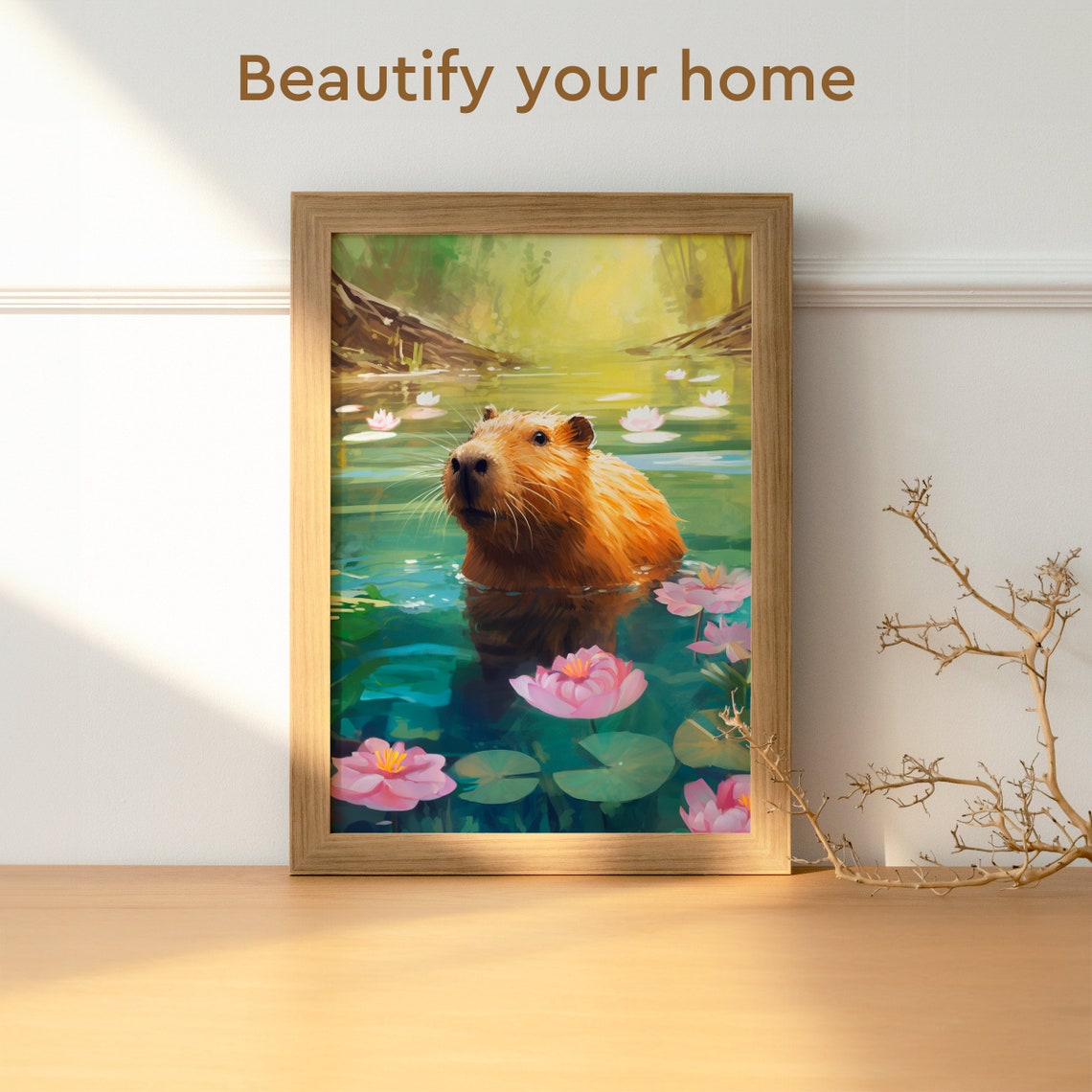Capybara Swimming River Water Lilies Oil Painting Cute Animal Poster - Image 3