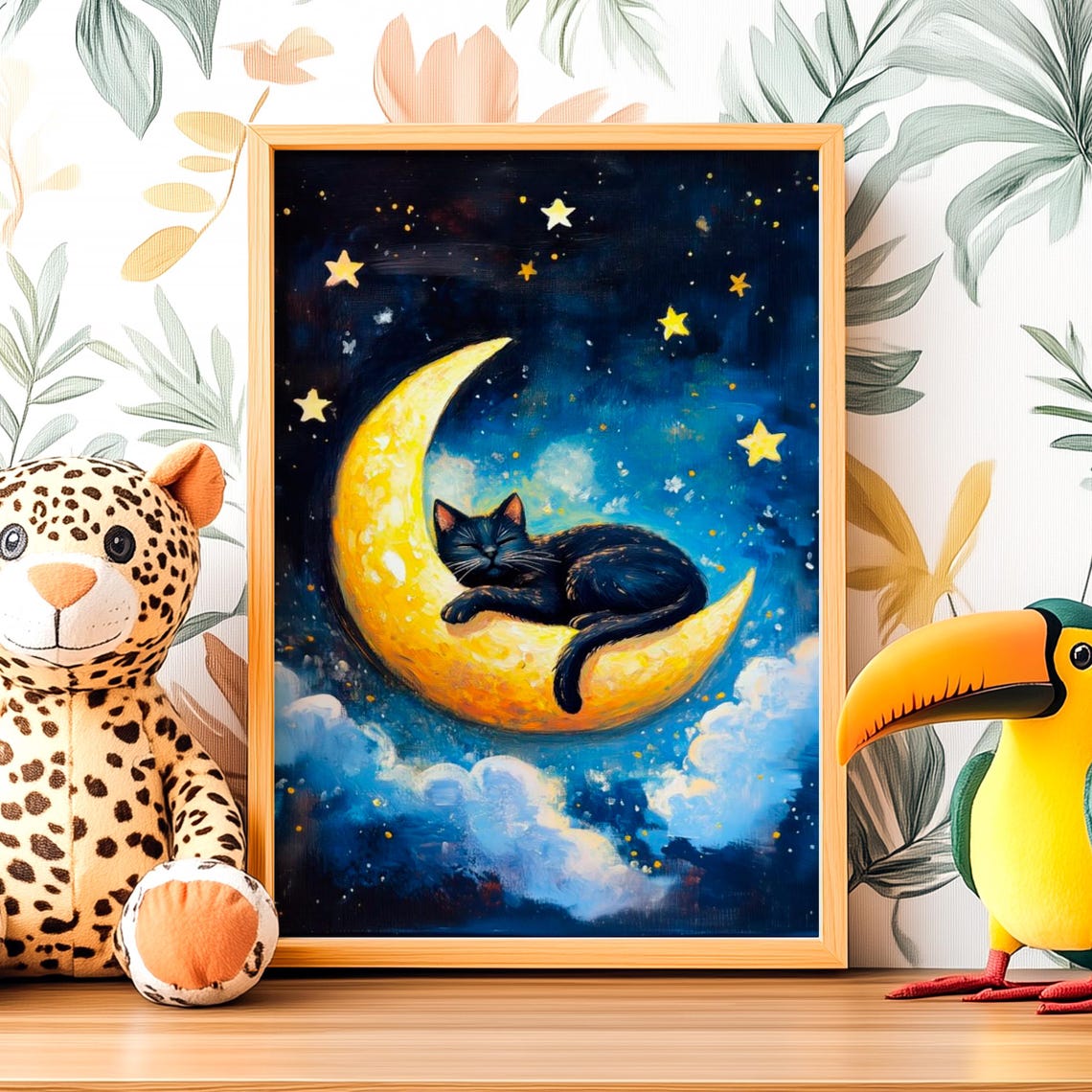 Black Cat Sleeping Peacefully on a Golden Crescent Moon Night Poster