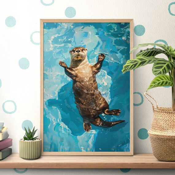 Playful Otter Floating on Its Back in Turquoise Water Poster