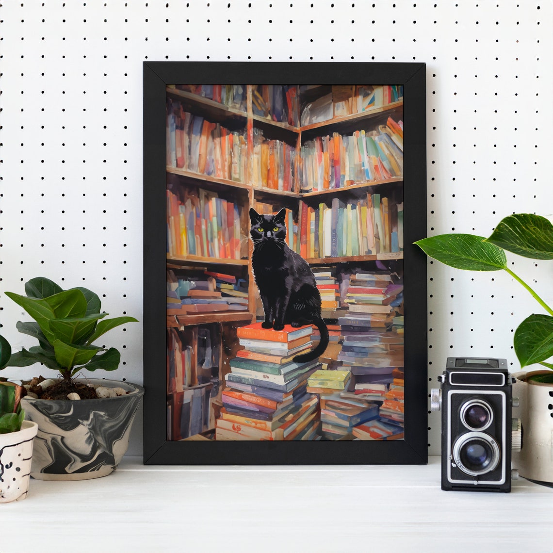 Black Cat Bookstore Colorful Bookshelves Reading Nook Library Poster
