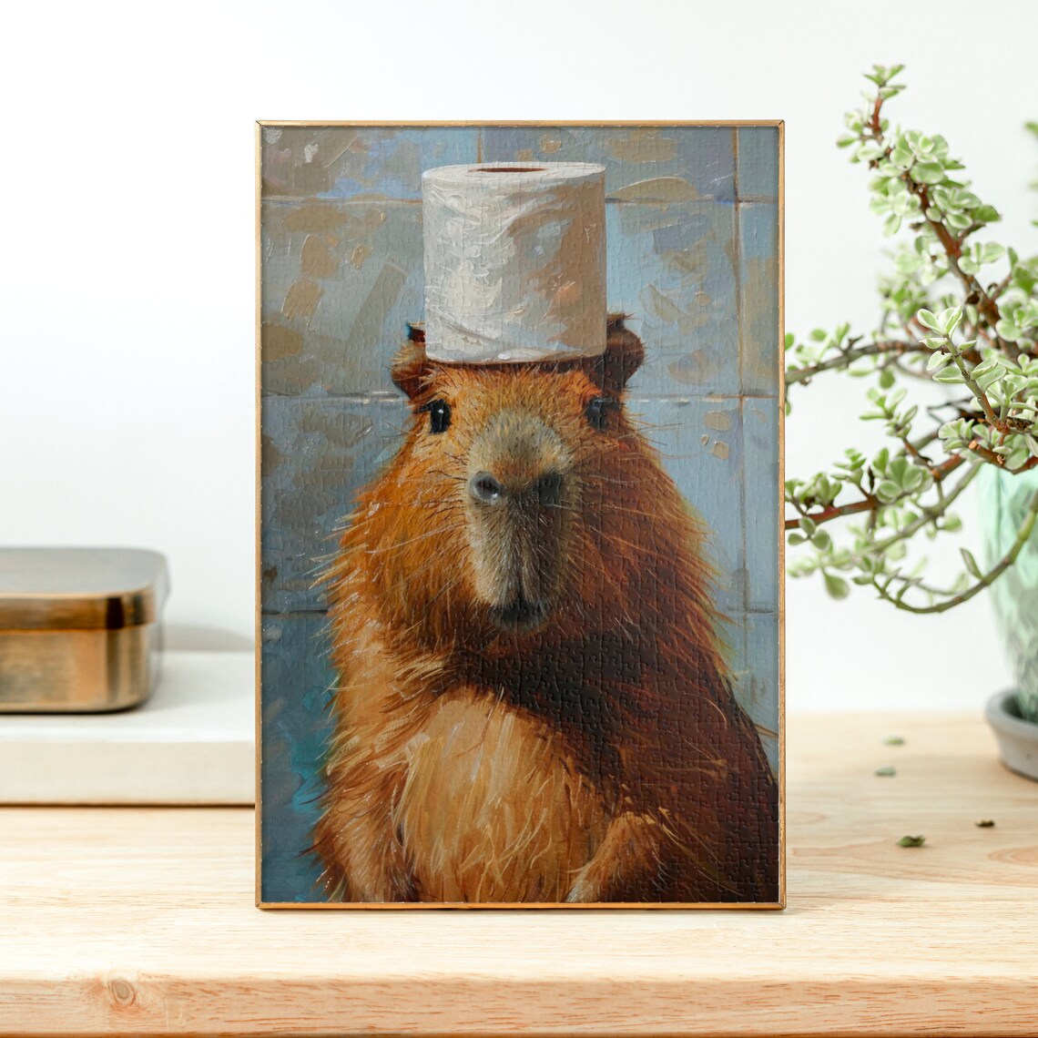 Capybara Wearing Toilet Paper Roll Funny Bathroom Oil Painting Poster