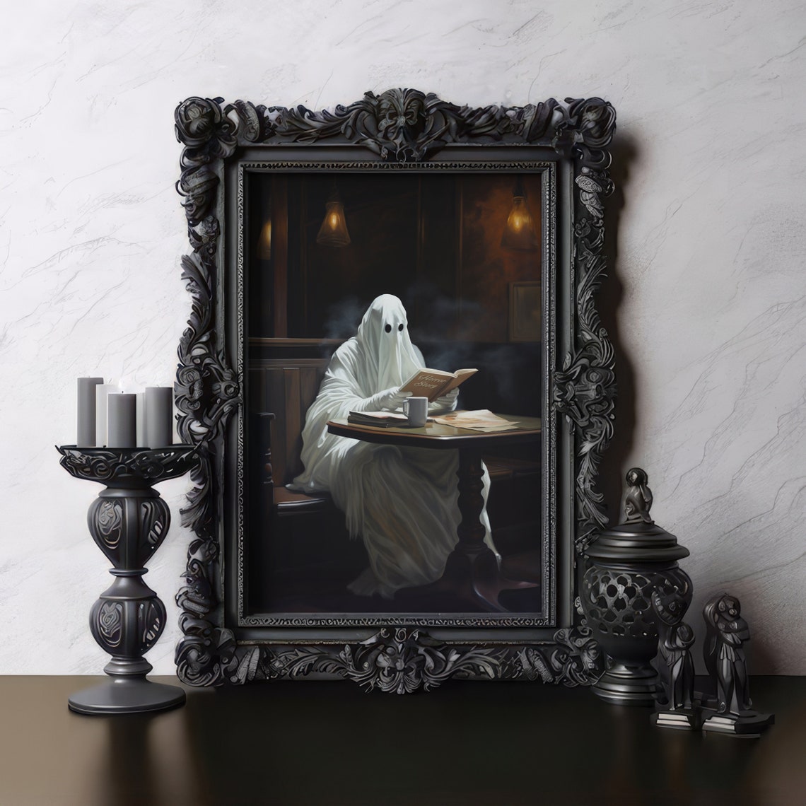 Ghost Reading a Book with Coffee at a Cozy Cafe Table Poster
