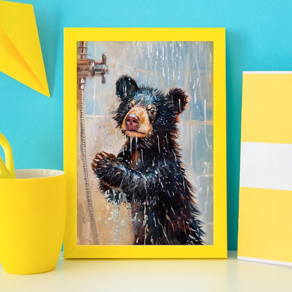 Soaking Wet Black Bear Cub Under Rain Shower Funny Bathroom Poster