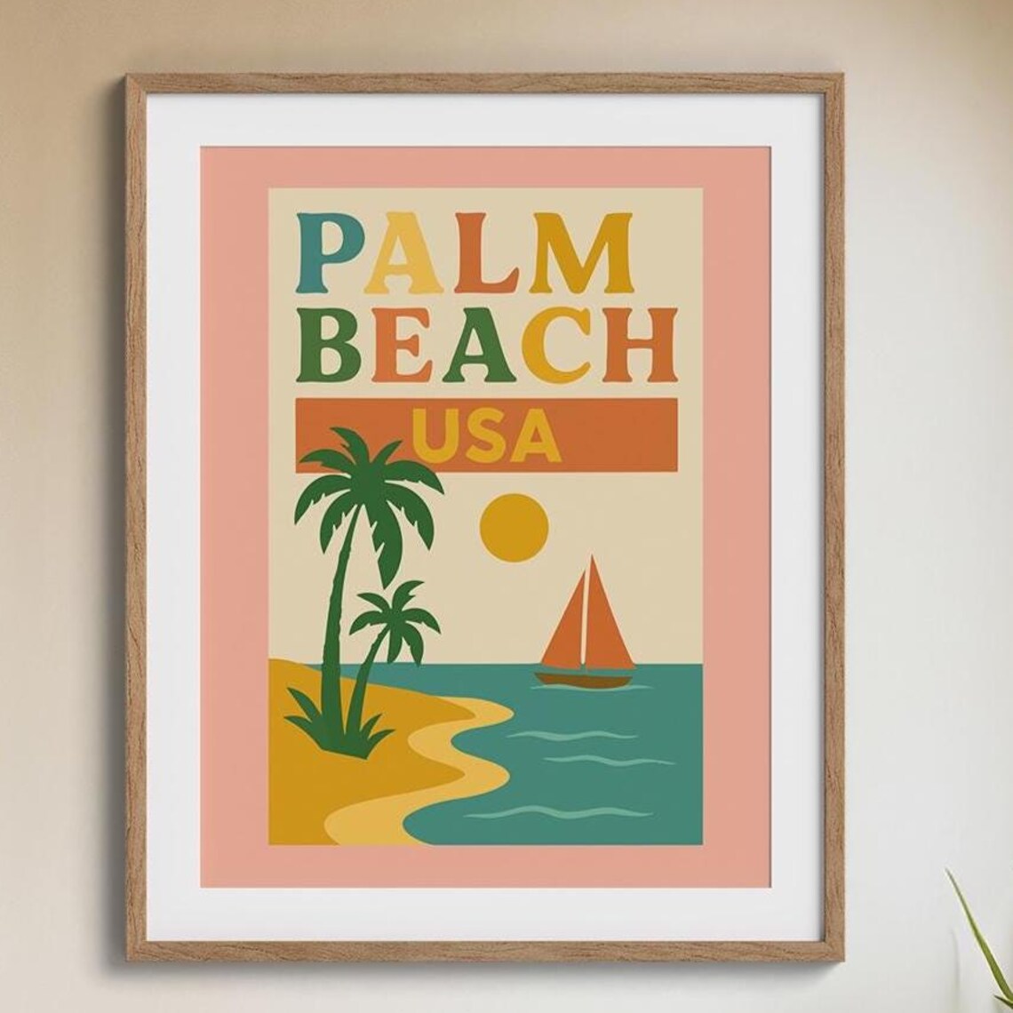 Palm Beach USA Retro Travel Poster Palm Tree Sailboat Ocean Summer Art - Image 6