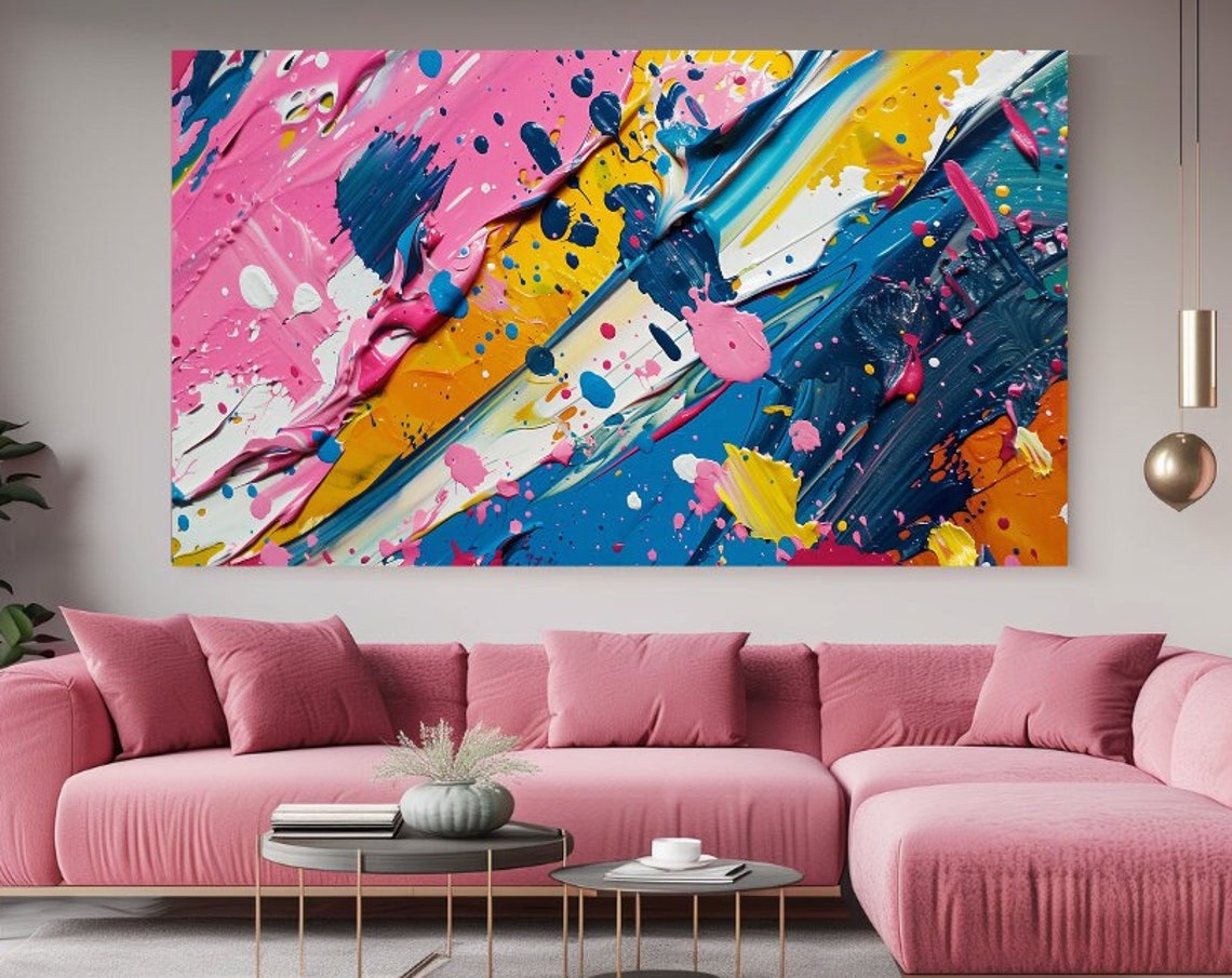 Vibrant Pink Blue Yellow Abstract Brushstroke Splash Wall Art
