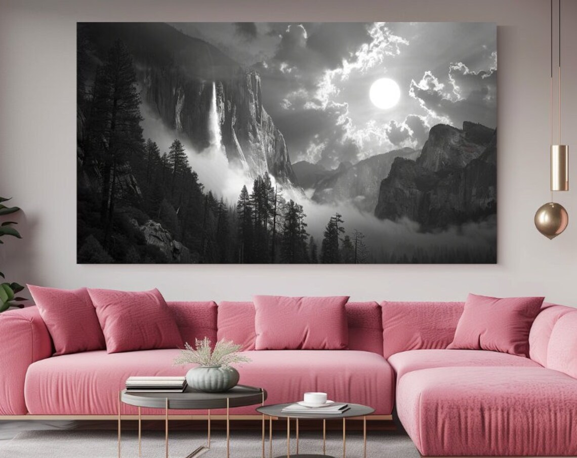 Yosemite National Park Black White Waterfall Moon Valley Art Poster