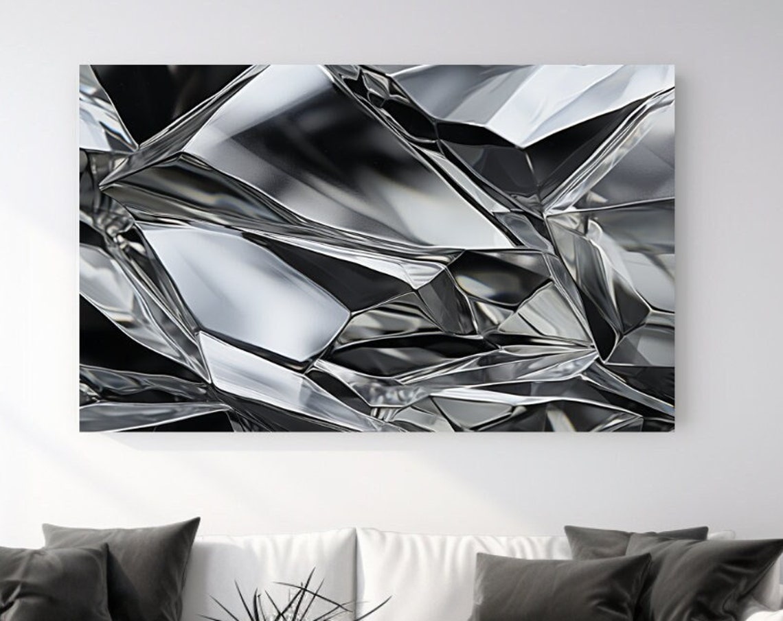 Silver Shards Abstract Crystal Metallic Facets Black Modern Poster