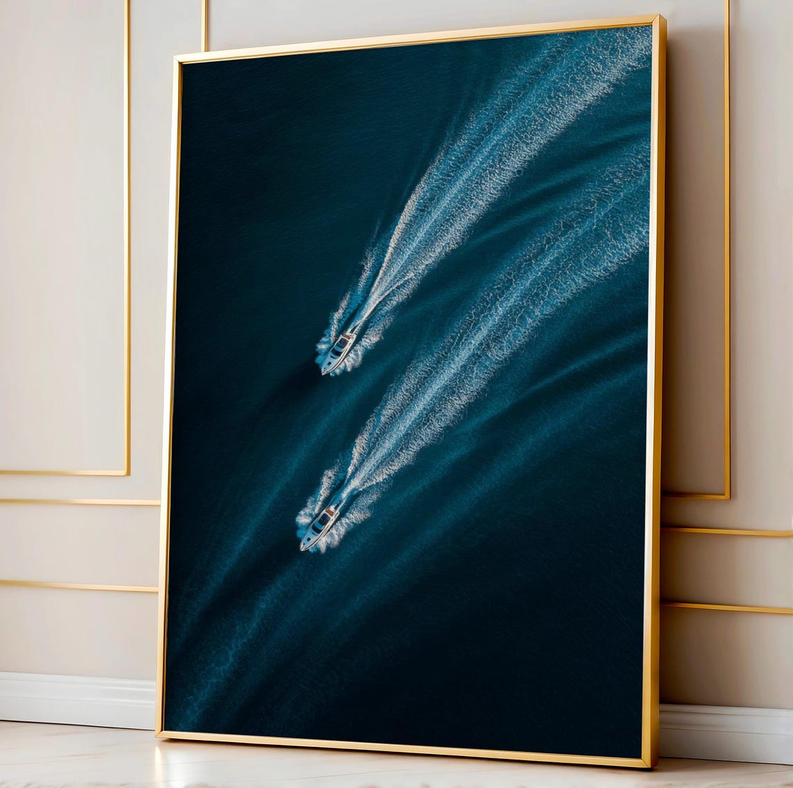 Aerial View of Two Speedboats on Deep Blue Ocean Modern Poster