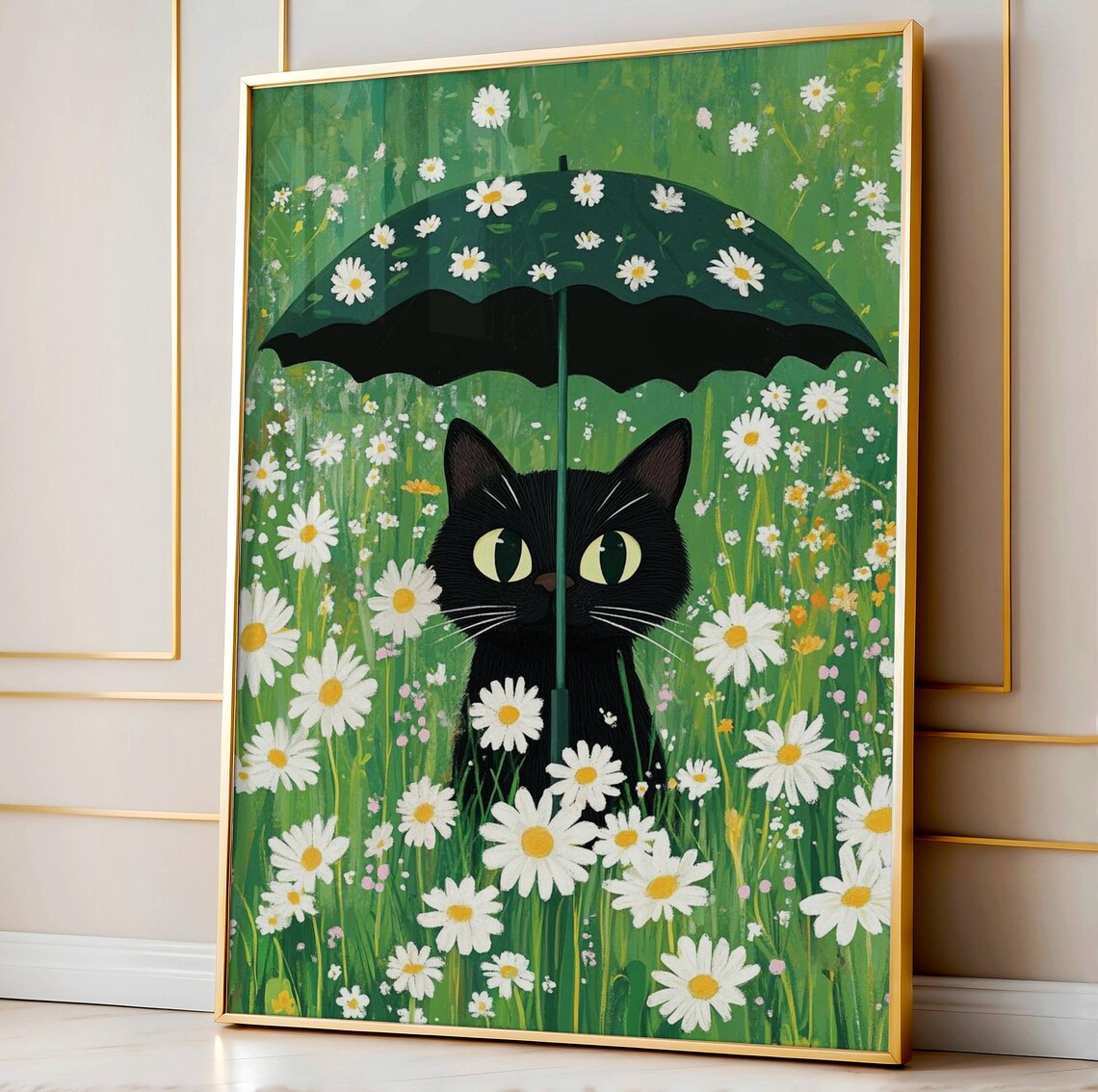 Cat Under Daisy Art Print, Whimsical Field Illustration