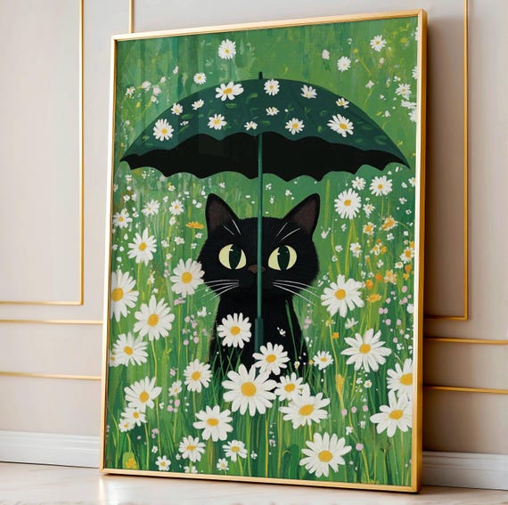Cat Under Daisy Art Print, Whimsical Field Illustration