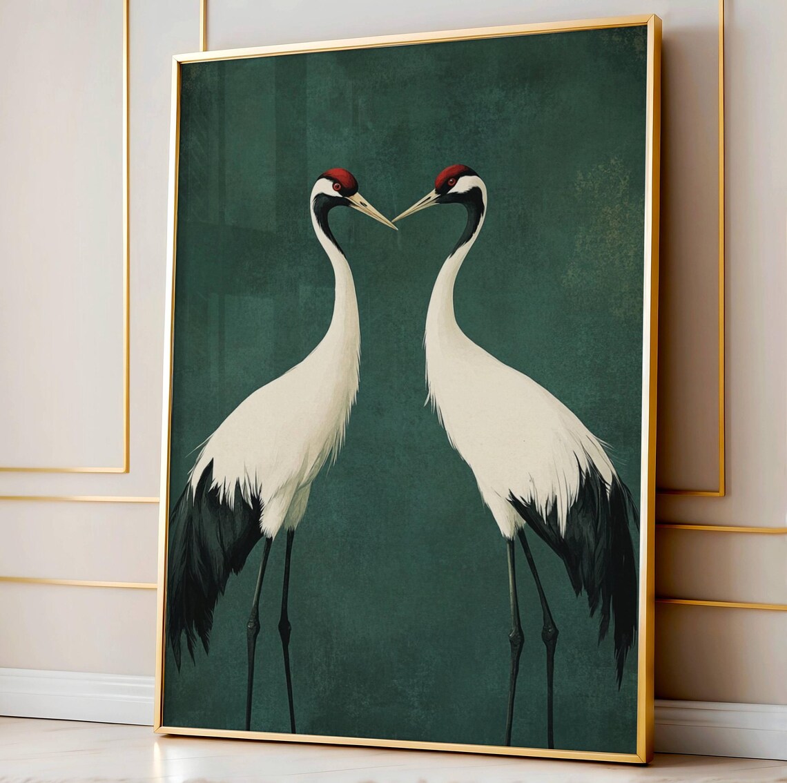 Japanese Red Crowned Crane Pair Emerald Green Japandi Wall Art