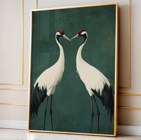 Cranes In Japanese Garden Vintage Bird Pair Wall Art Japandi Style Decor Moody Green Crane Painting