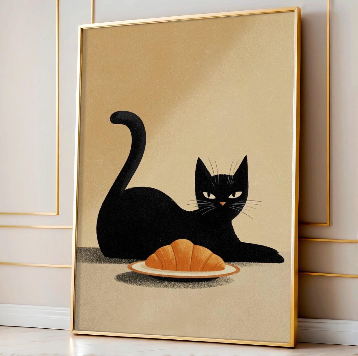 Black Cat Breakfast Art Minimalist Croissant Poster Cozy Kitchen Wall Decor Elegant Whimsical Illustration
