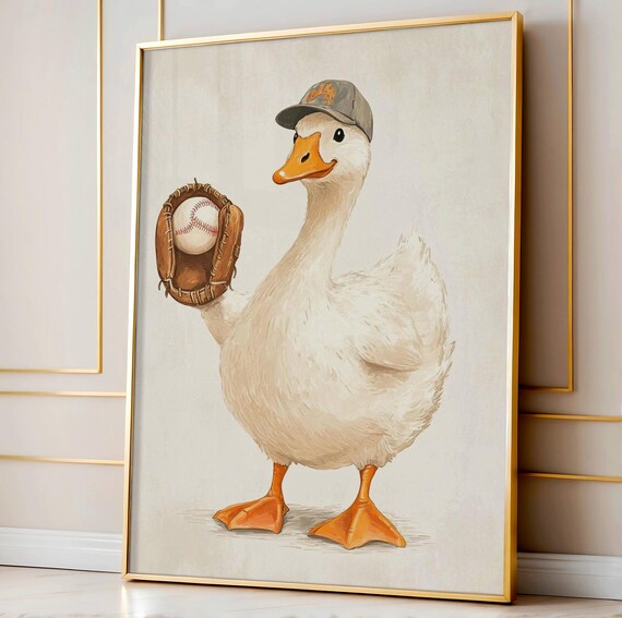 Duck Wearing Baseball Cap Holding Glove and Ball Cute Sports Poster