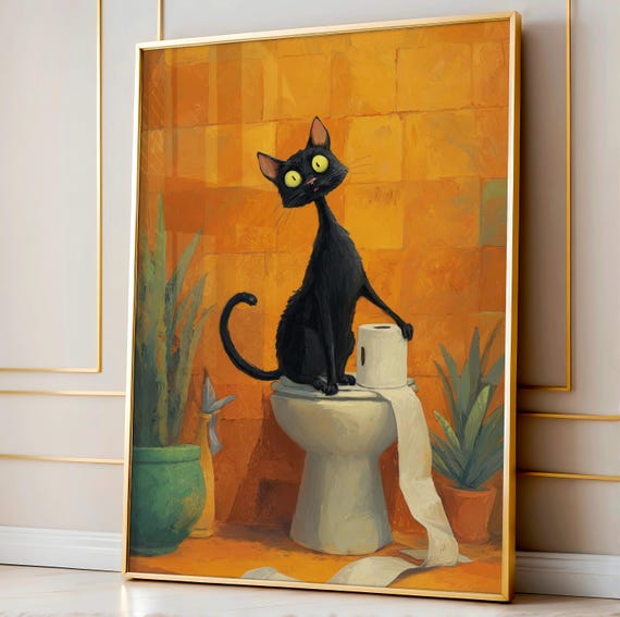 Curious Cat Toilet Paper Art Funny Black Bathroom Poster Hilarious Wall Quirky Feline Decor Humor Print