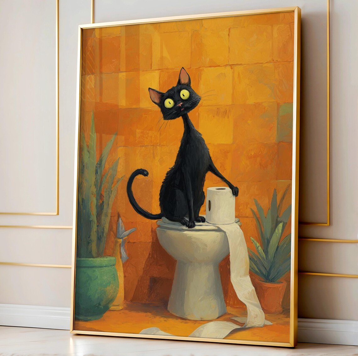 Funny Black Cat On Toilet With Toilet Paper Quirky Bathroom Art Poster