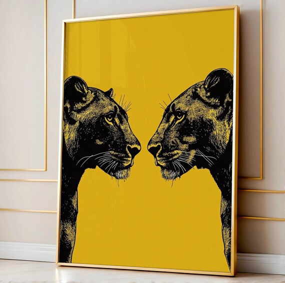 Lioness Wall Art Face To Big Cat Print Yellow Safari Poster Preppy Jungle Decor Bold Illustration