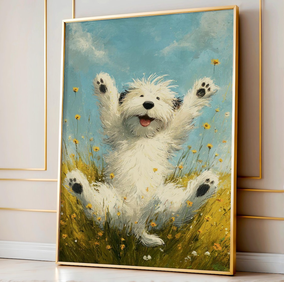 Happy White Dog Meadow Frolic Whimsical Nursery Animal Art Print