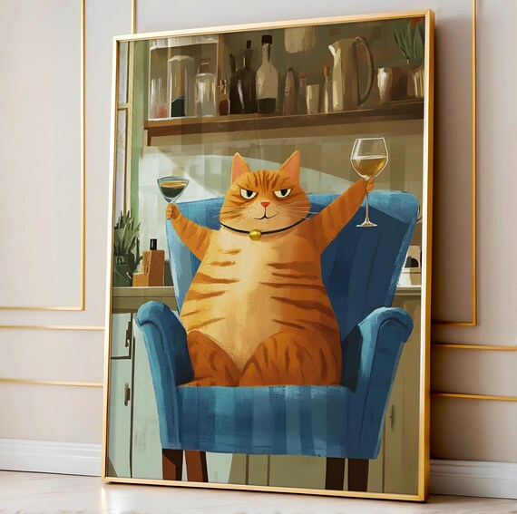 Cheers Cat Bar Cart Funny Orange Tabby Wine Poster Retro Kitchen Decor