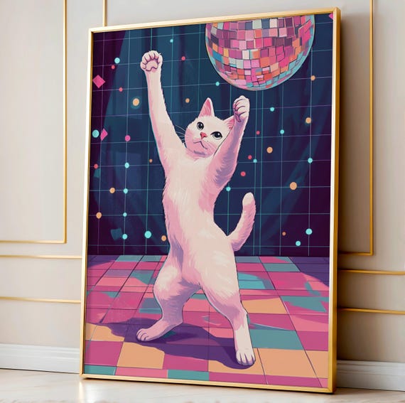 Funny Cat Print Poster Dancing In Disco Cute Doing Things Trendy Wall Art Watercolor