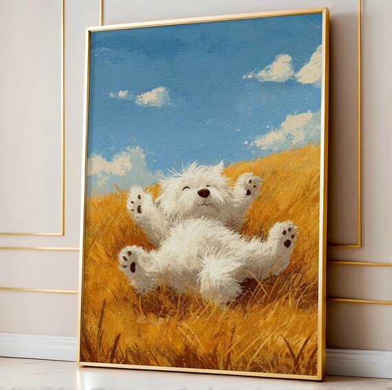 Playful Dog In Golden Meadow Print Whimsical Nursery Wall Art Vintage Storybook Animal Kids Room Decor Nature Illustration