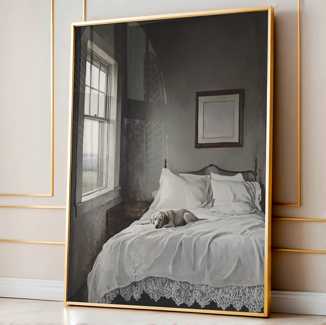 Dog Sleeping on Bed Vintage Moody Oil Painting Cozy Animal Art Print