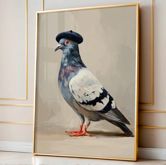 Artist Pigeon Wall Art Funny Flat Illustration Whimsical Minimalist Bird Decor Quirky Animal Print For Cozy Spaces