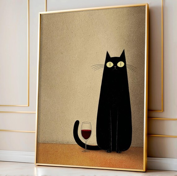 Minimalist Black Cat Wine Poster Elegant Wall Art Cozy Kitchen Bar Decor Illustration Lover Print
