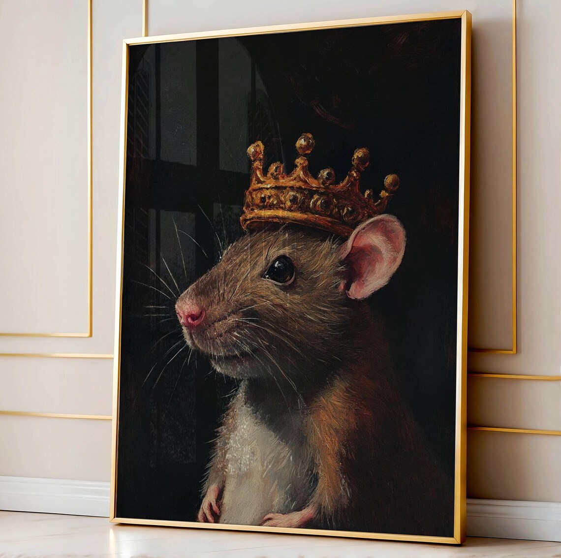 Rat King Wearing Gold Crown Funny Royalty Animal Painting Print