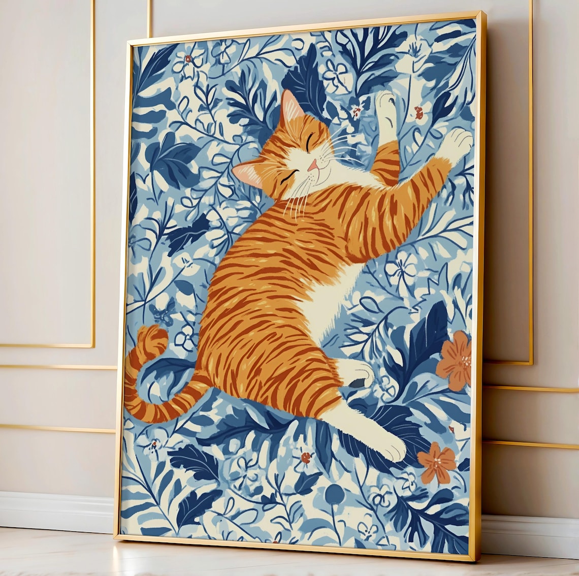 Floral Cat Print, Ginger Cat Wall Art Decor