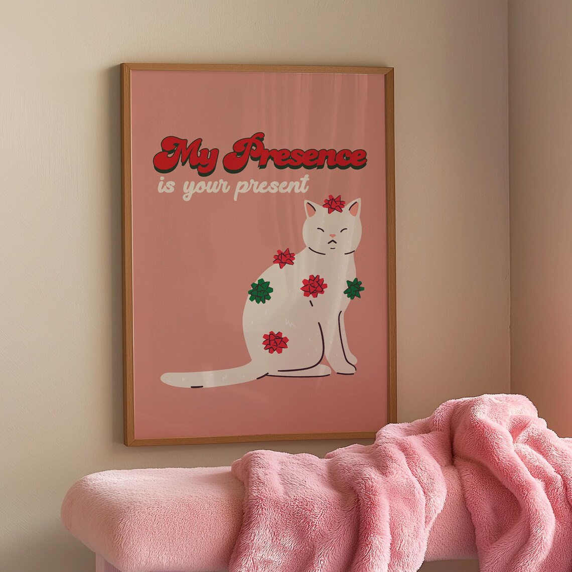 My Presence Is Your Present Funny White Cat Christmas Quote Poster - Image 2