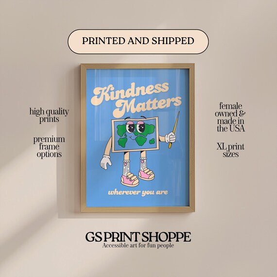 Kindness Matters Blue Retro Cartoon Earth Character Art Poster