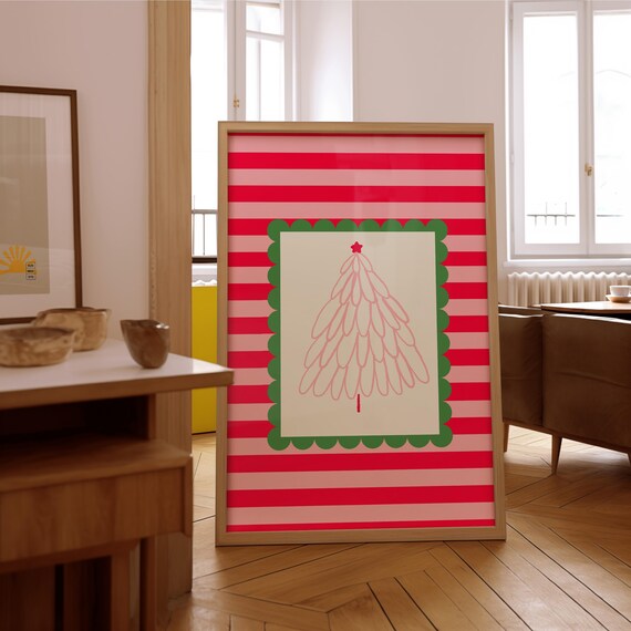 Retro Pink Christmas Tree Striped Minimalist Holiday Decor Poster