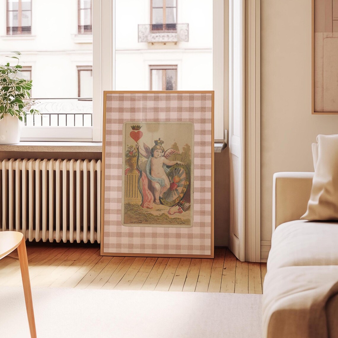 Vintage Cherub Heart Card Poster Pink Gingham Nursery Wall Decor