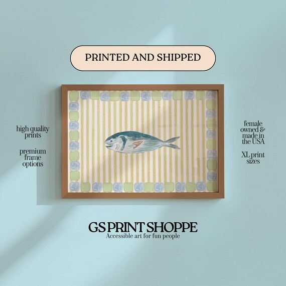 Blue Fish Striped Pattern Coastal Horizontal Kitchen Art Poster