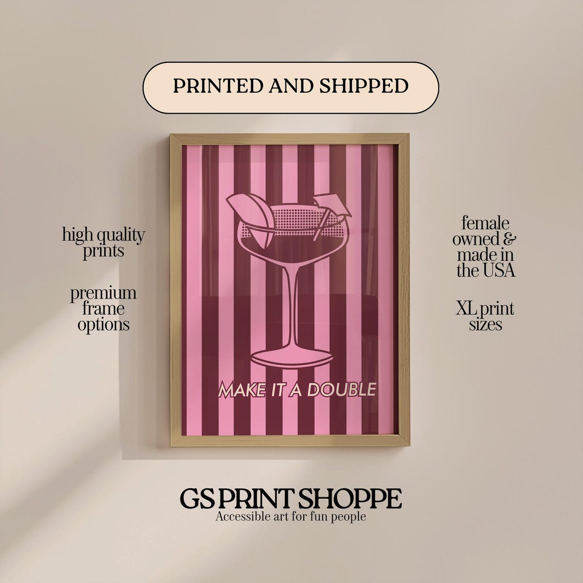 Make It A Double Coupe Cocktail Striped Pink Bar Party Poster