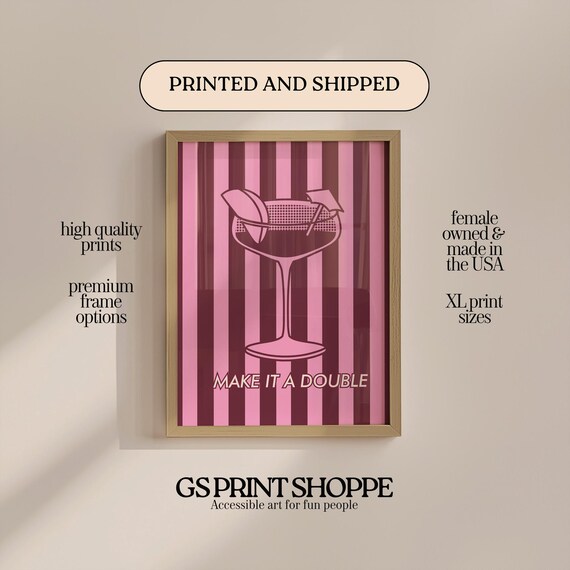 Make It A Double Coupe Cocktail Striped Pink Bar Party Poster