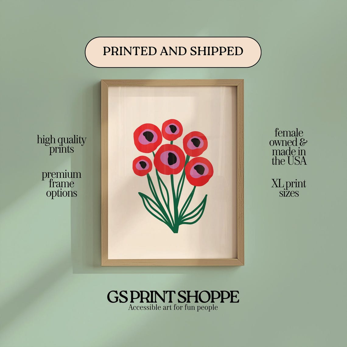 Three Red Poppies Bold Modern Botanical Vertical Floral Art Print