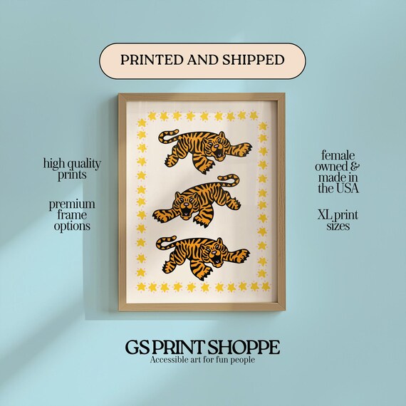 Three Playful Tigers Star Border Fun Jungle Cats Kids Room Wall Art