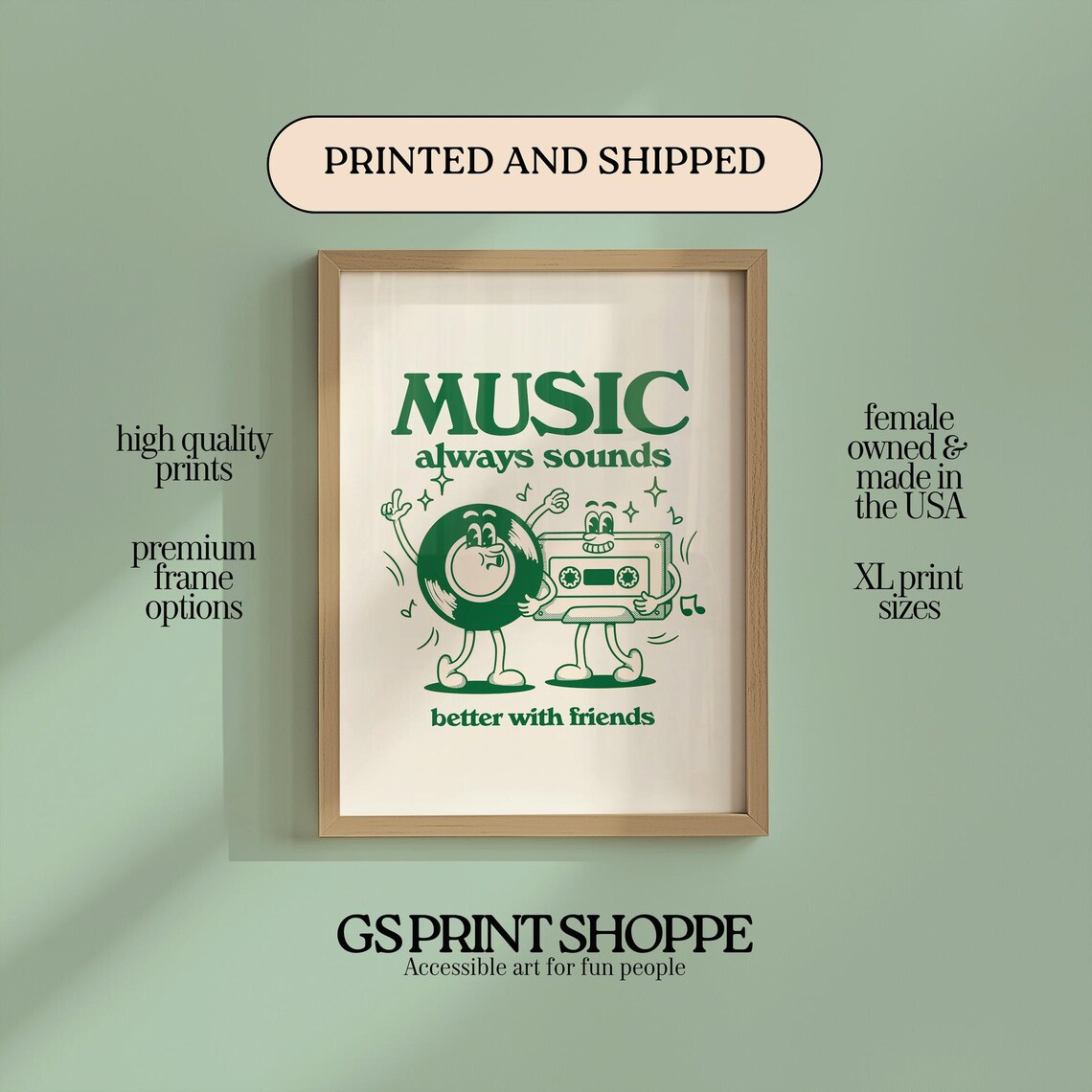 Music Always Sounds Better With Friends Retro Vinyl Cassette Art Print