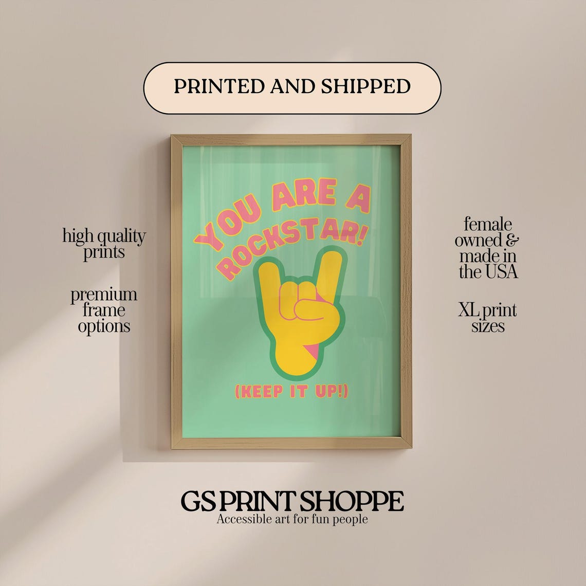 You Are A Rockstar Retro Hand Gesture Motivation Quote Wall Art