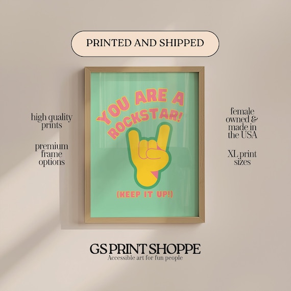 You Are A Rockstar Retro Hand Gesture Motivation Quote Wall Art