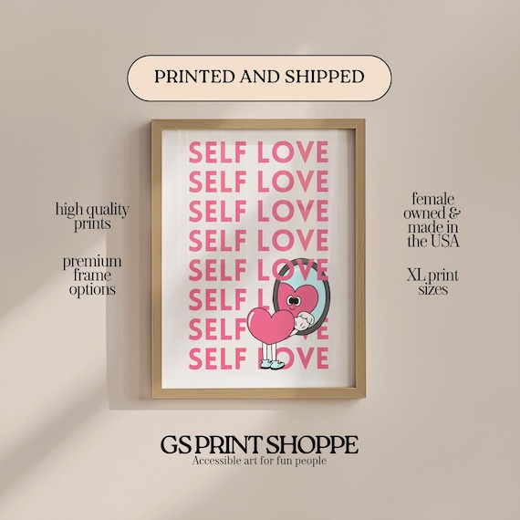 Self Love Poster Pink Typography Heart Character Cute Positivity Quote Art
