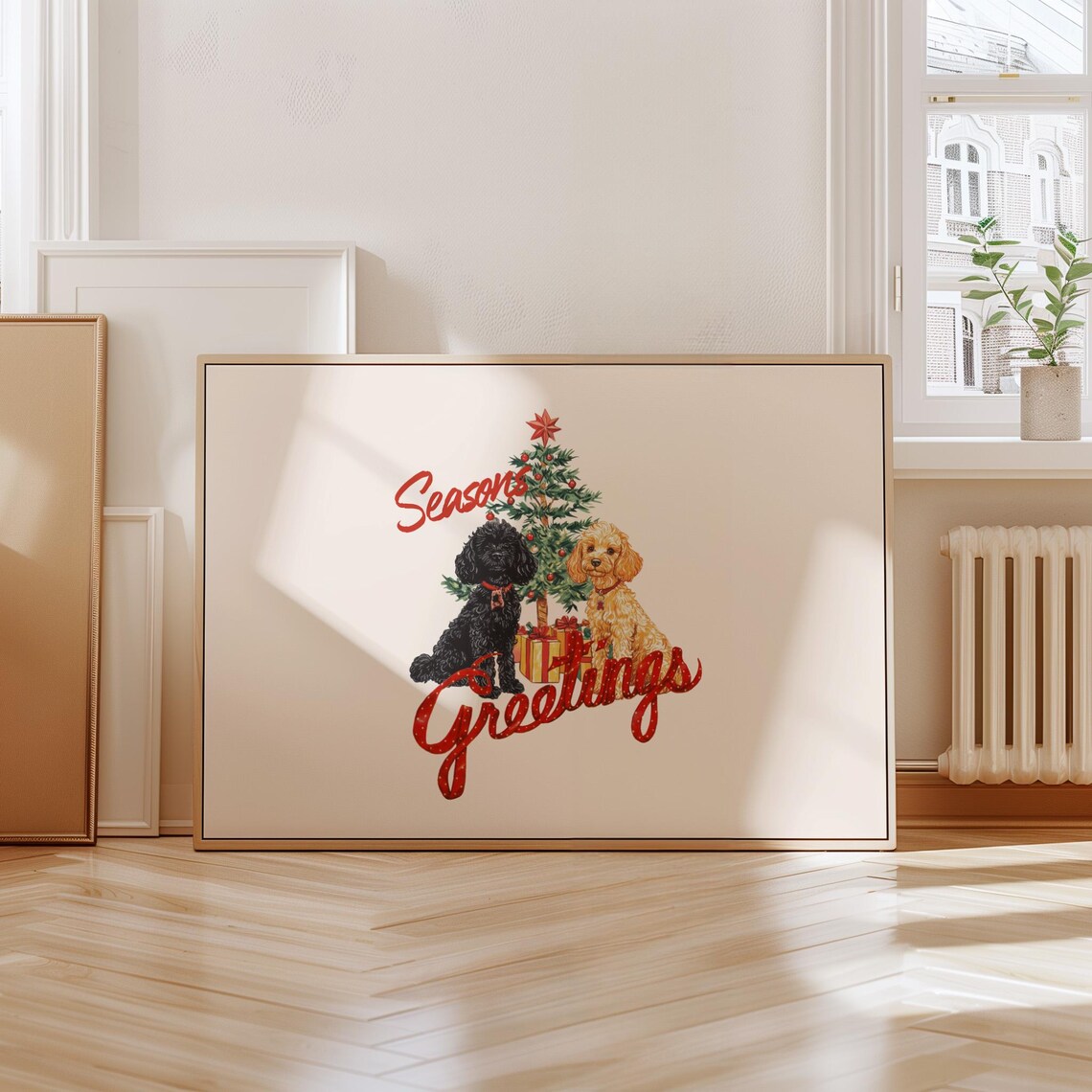 Seasons Greetings Christmas Tree Cute Doodle Dogs Vintage Holiday Poster